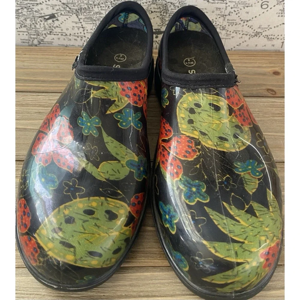 Sloggers Rubber Rain Garden Shoes Slip On Floral Black Comfort‎ Womens 8